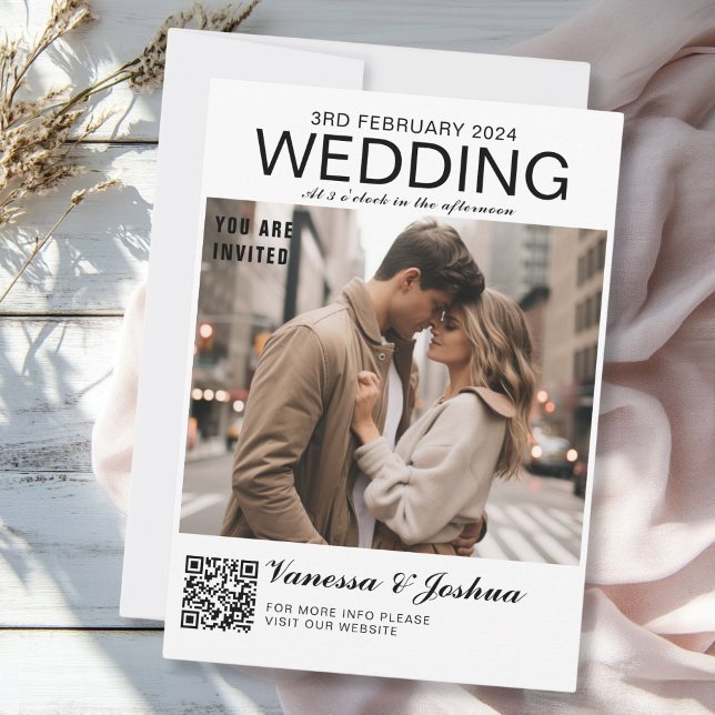 Convite Casamento com Código QR do Cobrir de Foto Magazin (Photo Cover Magazin QR Code Wedding Invitation, white, trendy, minimal.)