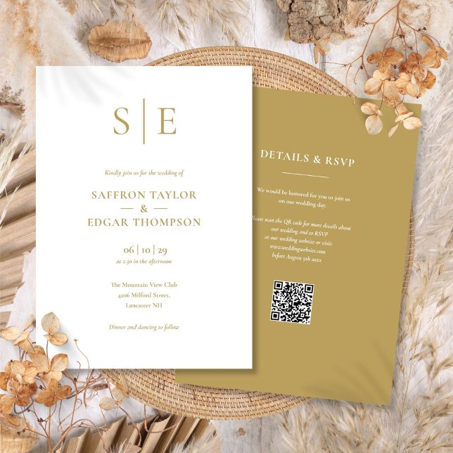 Convite Casamento com Código QR do Monograma Dourado Moder (Modern Gold Monogram QR Code Wedding Invitation)