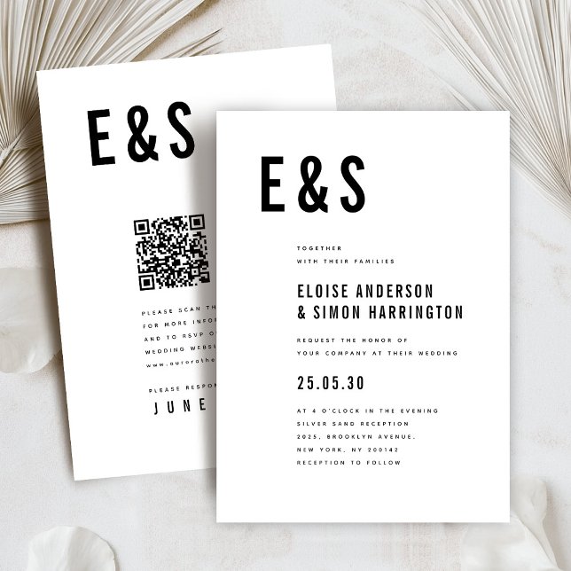Convite Casamento com Código QR do Monograma Mínimo Modern (Bold initials Modern minimalist classic QR code wedding invitation)