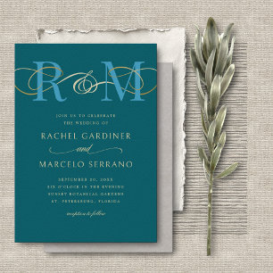 Convite Casamento com Código QR do Monograma Teal Aqua Tur