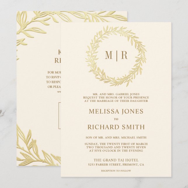 Convite Casamento com Código QR do Ramo de Folha Dourada C (Frente/Verso)