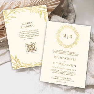 Convite Casamento com Código QR do Ramo de Folha Dourada C