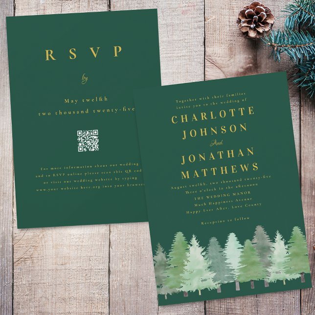 Convite Casamento com Código QR Dourado da Floresta Flores (Modern Woodland forest dark green and gold wedding qr code invitation Watercolor evergreen trees)