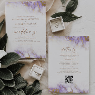 Convite Casamento com Código QR Dourado da Lavanda Marble