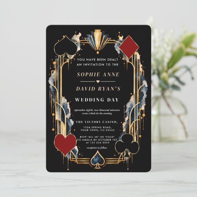 Convite Casamento com código QR dourado de noite de cassin (Em pé/Frente)