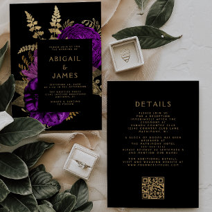 Convite Casamento com Código QR Dourado Roxo Floral Moody 