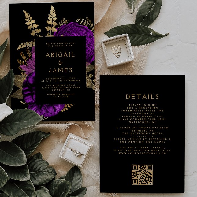 Convite Casamento com Código QR Dourado Roxo Floral Moody  (Criador carregado)