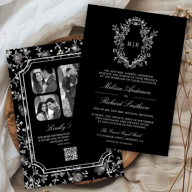 Convite Casamento com Código QR e Crista de Chinoiserie Pr (Criador carregado)