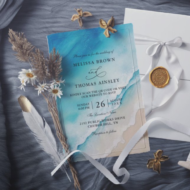 Convite Casamento com código QR econômico na praia do ocea (Criador carregado)
