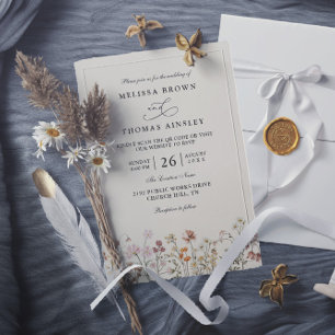 Convite Casamento com Código QR Elegante Bege Flor Silvest