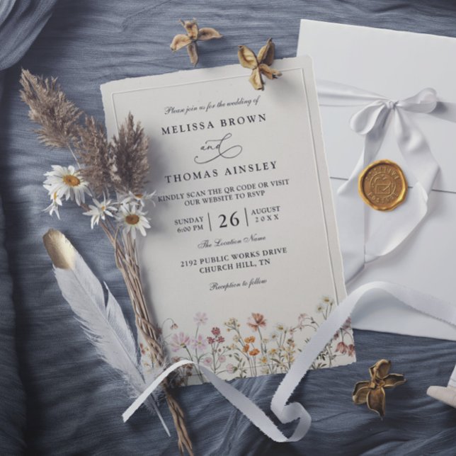 Convite Casamento com Código QR Elegante Bege Flor Silvest (Criador carregado)