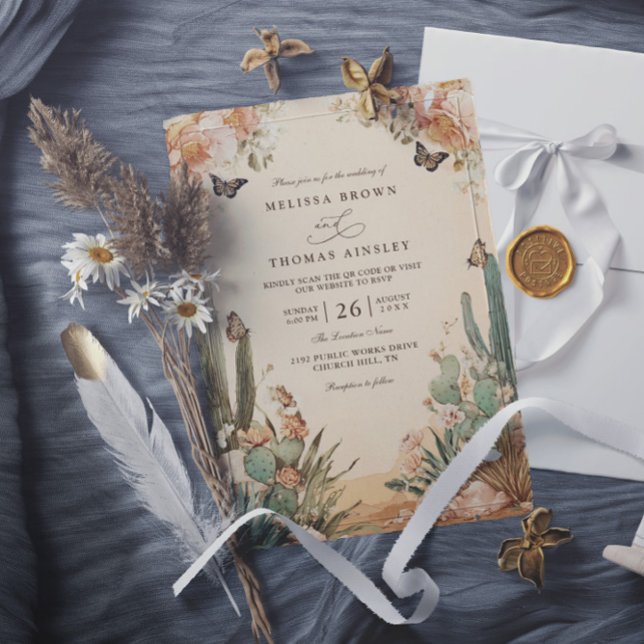 Convite Casamento com Código QR Elegante de Cacto do Deser (Criador carregado)