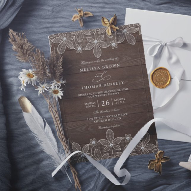 Convite Casamento com Código QR Elegante de Renda Rústica  (Criador carregado)