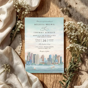 Convite Casamento com Código QR Elegante Destino Skyline d