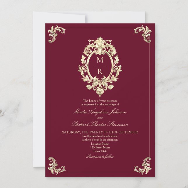 Convite Casamento com Código QR Elegante em Borgonha (Frente)