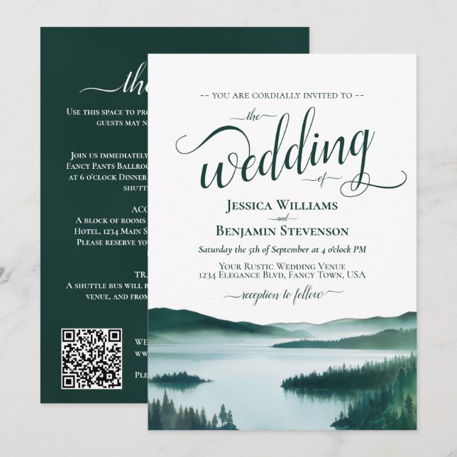 Convite Casamento com Código QR Elegante em Lago de Montan (Frente/Verso)