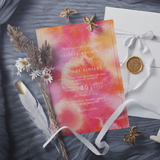 Convite Casamento com Código QR em Aquarela Laranja Rosa Q (Criador carregado)