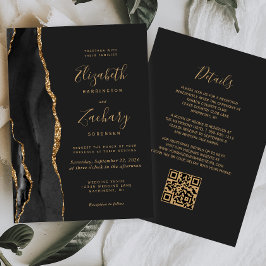 Convite Casamento com Código QR Escuro de Agato Dourado Pr