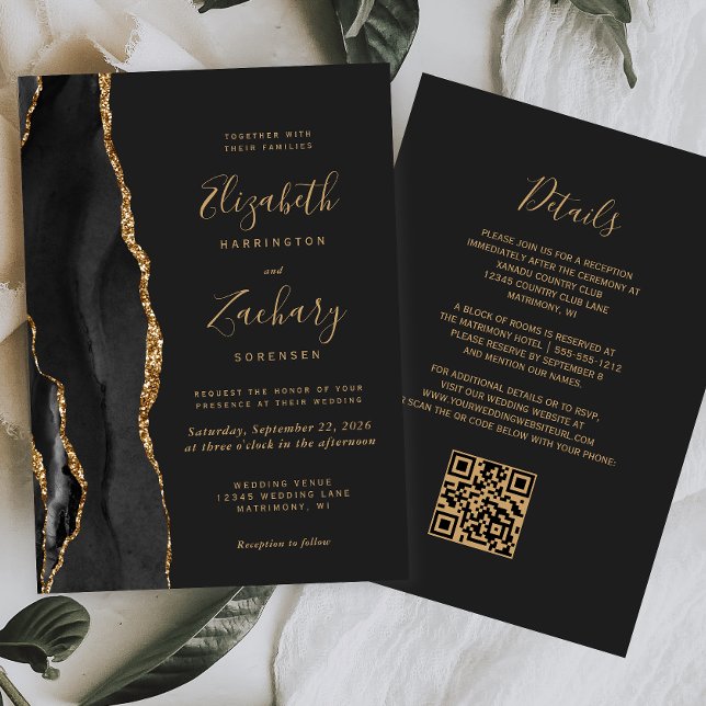 Convite Casamento com Código QR Escuro de Agato Dourado Pr (Criador carregado)