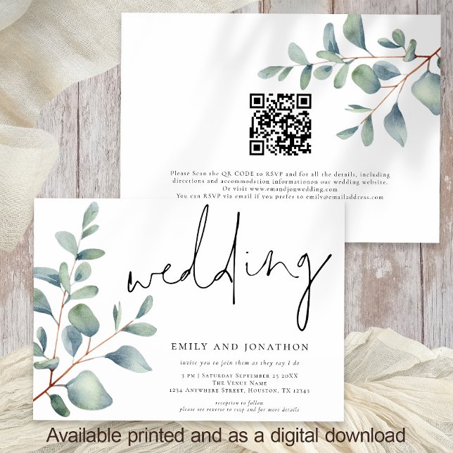 Convite Casamento com Código QR Eucalyptus de Script Moder (Front and back view)
