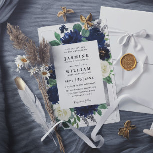 Convite Casamento com Código QR Floral Azul Marinho e Prat