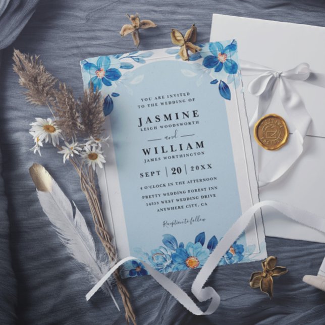 Convite Casamento com Código QR Floral Azul Marinho Elegan (Criador carregado)