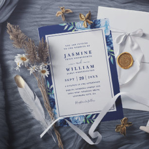 Convite Casamento com Código QR Floral Azul Moderno Elegan