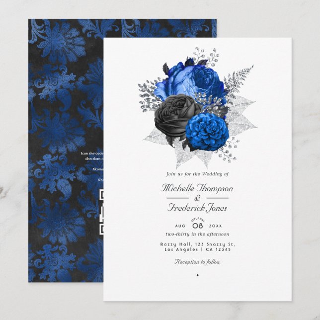 Convite Casamento com Código QR Floral Azul Real, Preto e  (Frente/Verso)
