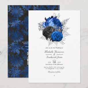 Convite Casamento com Código QR Floral Azul Real, Preto e 