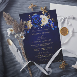 Convite Casamento com Código QR Floral Chic Azul Royal Bra