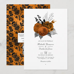 Convite Casamento com Código QR Floral de Halloween Preto