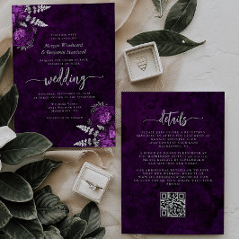 Convite Casamento com Código QR Floral de Prata Floral Ele