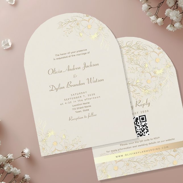 Convite Casamento com Código QR Floral Dourado (Criador carregado)