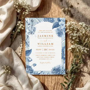 Convite Casamento com Código QR Floral em Azul Naval Vinta