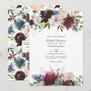 Convite Casamento com Código QR Floral em Borgonha, Azul M