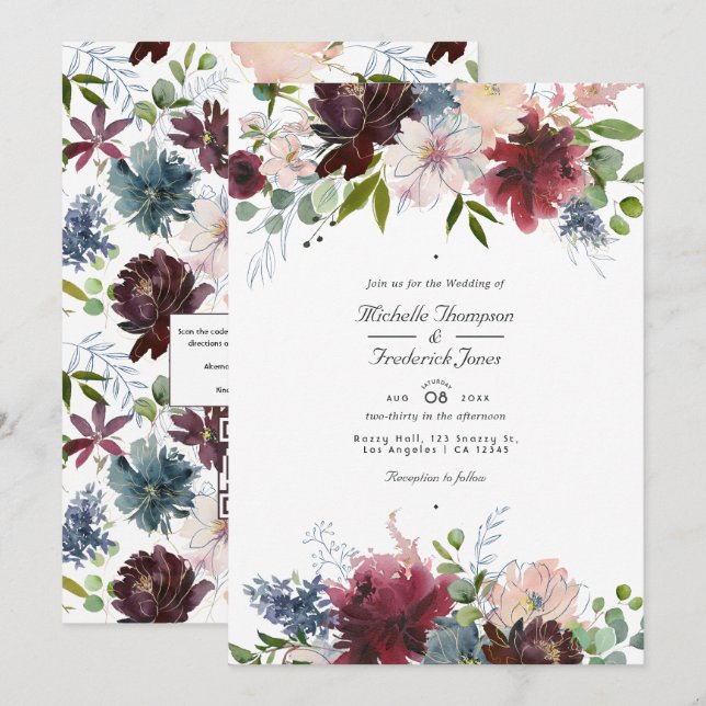 Convite Casamento com Código QR Floral em Borgonha, Azul M (Frente/Verso)