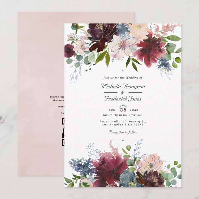 Convite Casamento com Código QR Floral em Borgonha, Azul M (Frente/Verso)