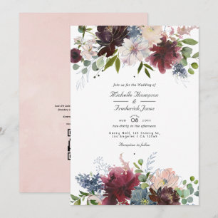 Convite Casamento com Código QR Floral em Borgonha, Azul M