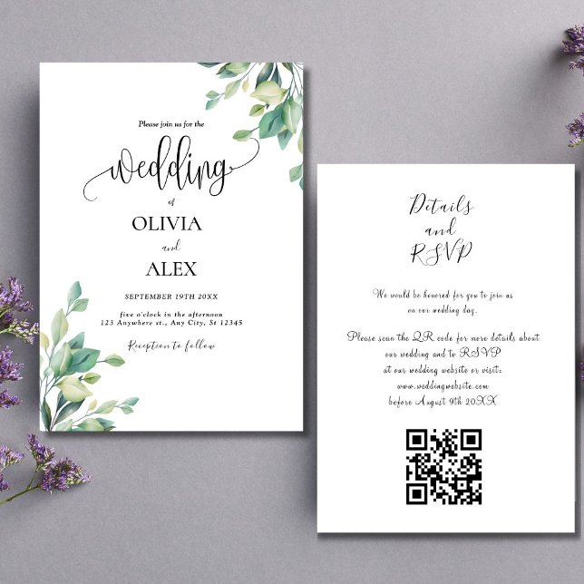 Convite Casamento com Código QR Floral Floral de Verde Neg (Criador carregado)