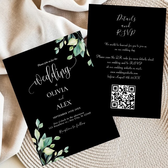 Convite Casamento com Código QR Floral Floral de Verde Neg (Criador carregado)