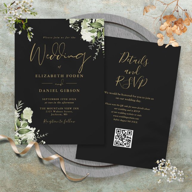 Convite Casamento com Código QR Floral Floral de Verde Neg (Black And Gold Greenery Floral QR Code Wedding Invitation)