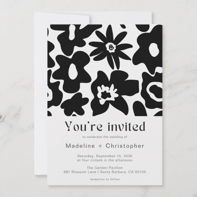 Convite Casamento com Código QR Floral Preto Moderno (Frente)