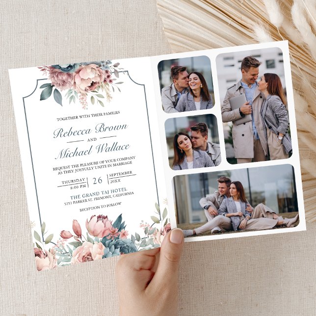 Convite Casamento com Código QR Floral Rosa e Azul Empoeir (Criador carregado)