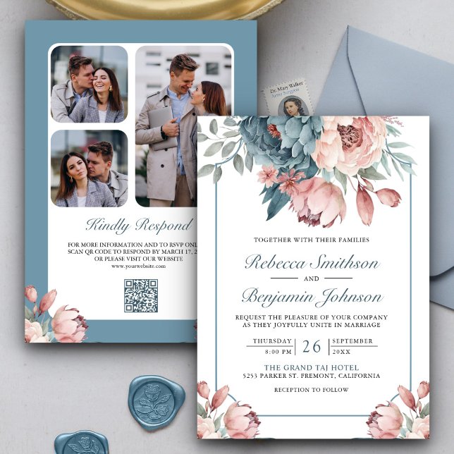 Convite Casamento com Código QR Floral Rosa e Azul Empoeir (Criador carregado)