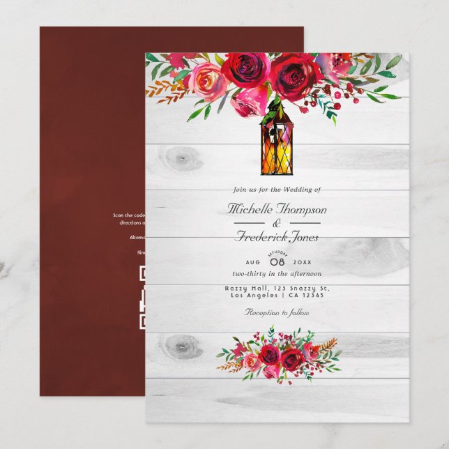 Convite Casamento com Código QR Floral Rosa e Burgundy Rús (Frente/Verso)