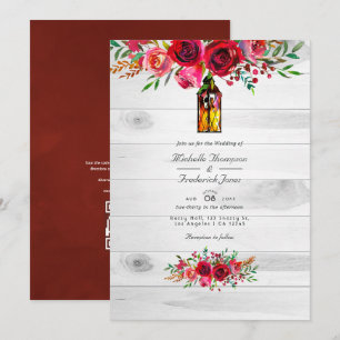 Convite Casamento com Código QR Floral Rosa e Burgundy Rús