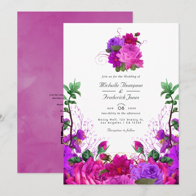 Convite Casamento com Código QR Floral Rosa Veludo e Roxo (Frente/Verso)
