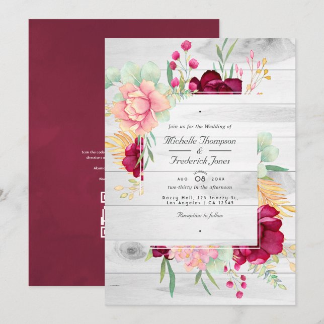Convite Casamento com Código QR Floral Rústico em Borgonha (Frente/Verso)