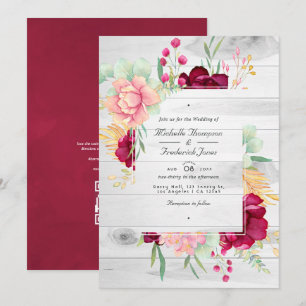 Convite Casamento com Código QR Floral Rústico em Borgonha