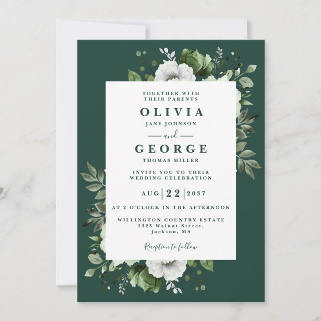 Convite Casamento com Código QR Floral Verde Esmeralda Ele (Frente)